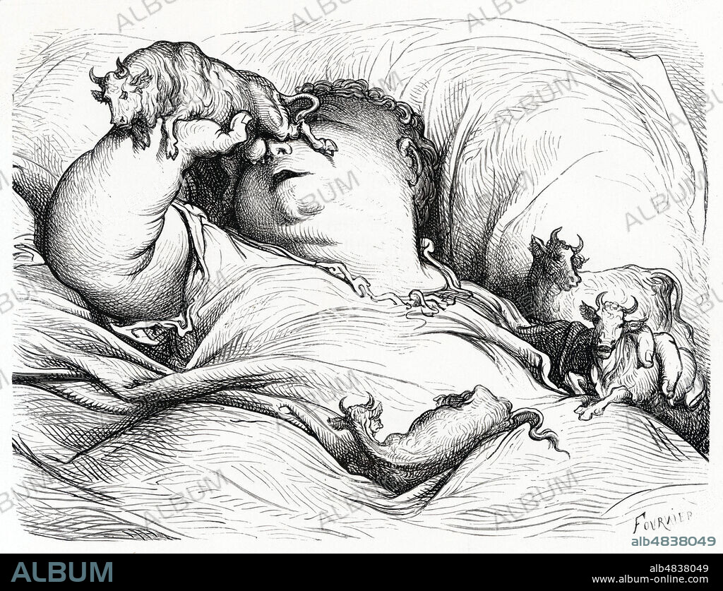 Enfance de Pantagruel. Illustration de Gustave DORE (1832-1883) pour Pantagruel roi des Dipsodes tiree de l'ouvrage Oeuvres de Francois RABELAIS (1483-1553). (Livre 2, Chapitre IV). Edition de 1873. Credit : Collection KHARBINE-TAPABOR.