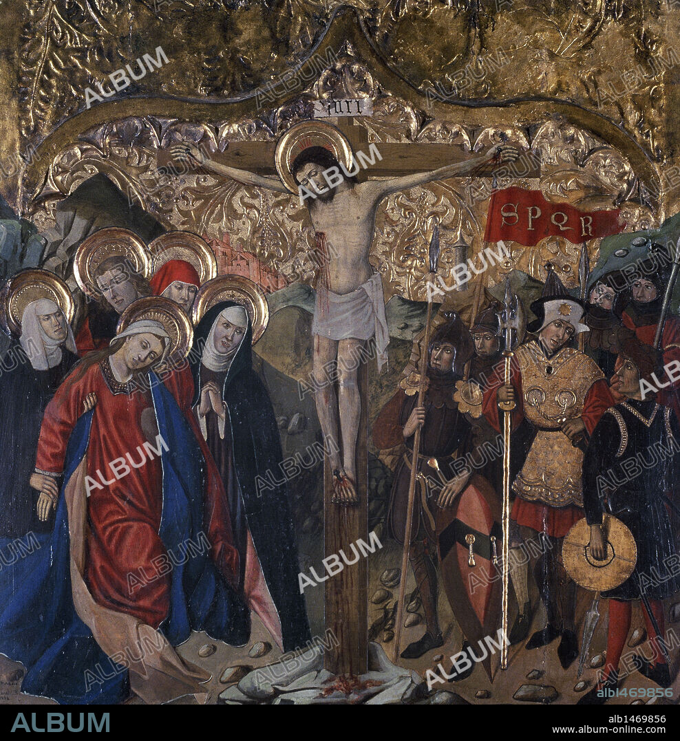 ARTE GOTICO. SIGLO XV. SOLA I, Ramon (entre 1424 y 1462). "CRUCIFIXIÓN". Pintura sobre madera (105x106 cm). Tabla del retablo de La Anunciación. Es importante el uso del dorado en esta pieza. Museo Capitular de la Catedral de Girona. Cataluña.
