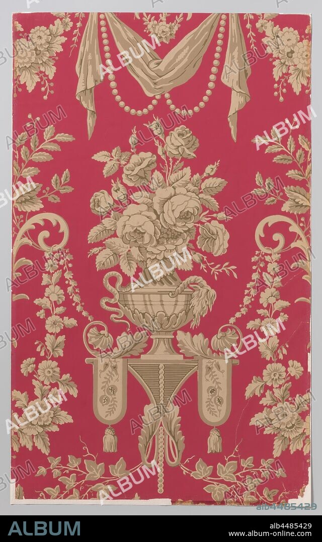 Paper wallpaper with a flower vase pattern, Paper wallpaper with a flower vase pattern in three shades of beige and olive green on a carmine-red background. Block print with a continuous pattern on a matted stock., Société anonyme des anciens Etablissements Desfossé & Karth, Paris, c. 1910 - c. 1930, paper, block printing (relief printing process), h 90.0 cm × w 65.0 cm.