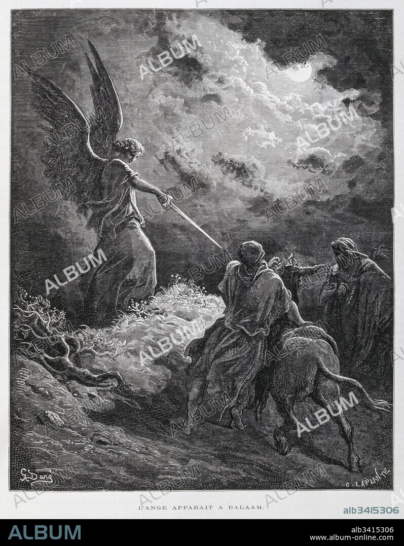 An Angel Met Balaam with a Sword, Illustration from the Dore Bible 1866. In 1866, the French artist and illustrator Gustave Dore (1832–1883), published a series of 241 wood engravings for a new deluxe edition of the 1843 French translation of the Vulgate Bible, popularly known as the Bible de Tours. This new edition was known as La Grande Bible de Tours and its illustrations were immensely successful.
