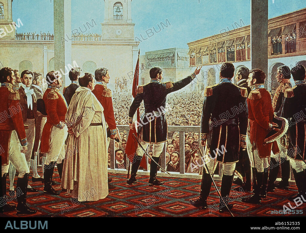 JOSE DE SAN MARTIN PROCLAMA Y JURA LA INDEPENDENCIA DEL PERU EL 28 DE JULIO DE 1821 EN LA PLAZA MAYOR DE LIMA - SIGLO XIX.