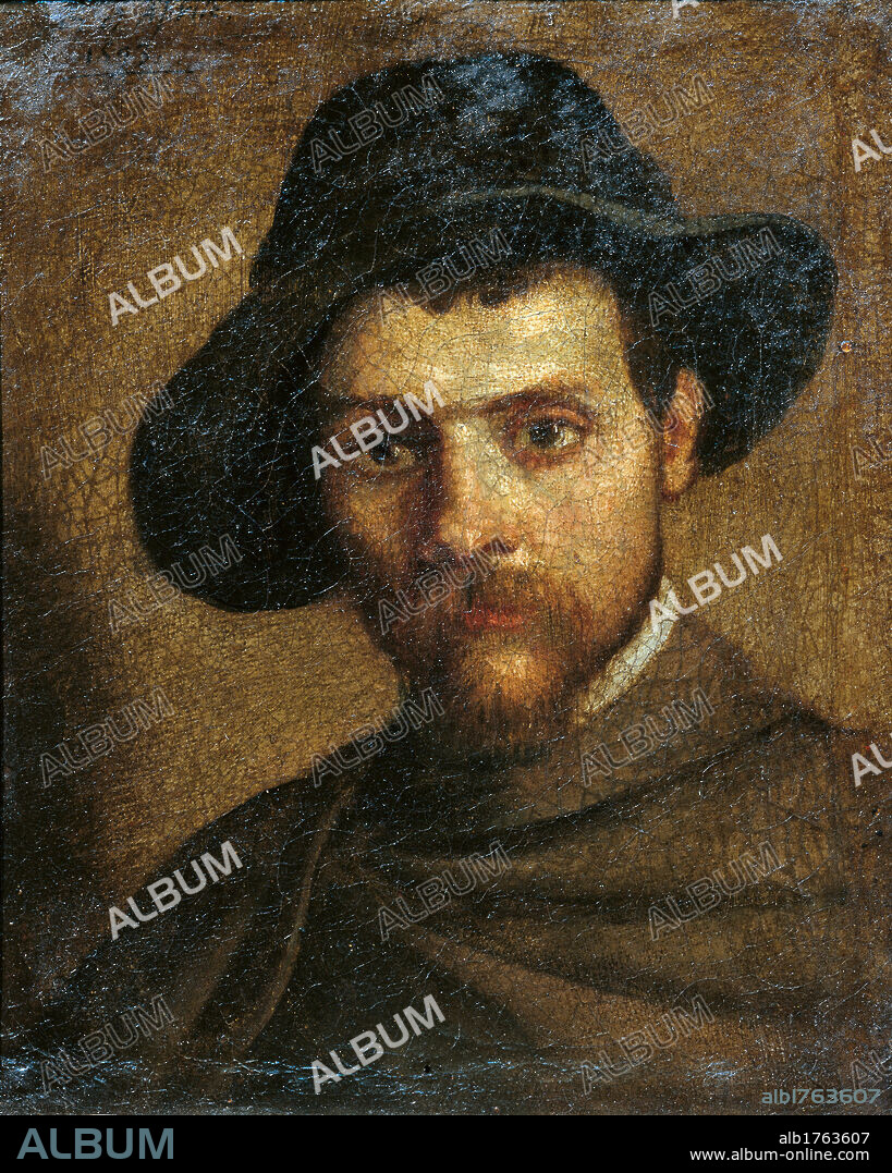 Self portrait, by Annibale Carracci, 1593, 16th Century, oil on canvas, cm 24 x 19,4. Italy, Emilia Romagna, Parma, National Gallery. Detail. Man front view mantle cloak white collar head hat felt bright eyes thin face beard background brown black self portrait. Authorization required for non editorial use.