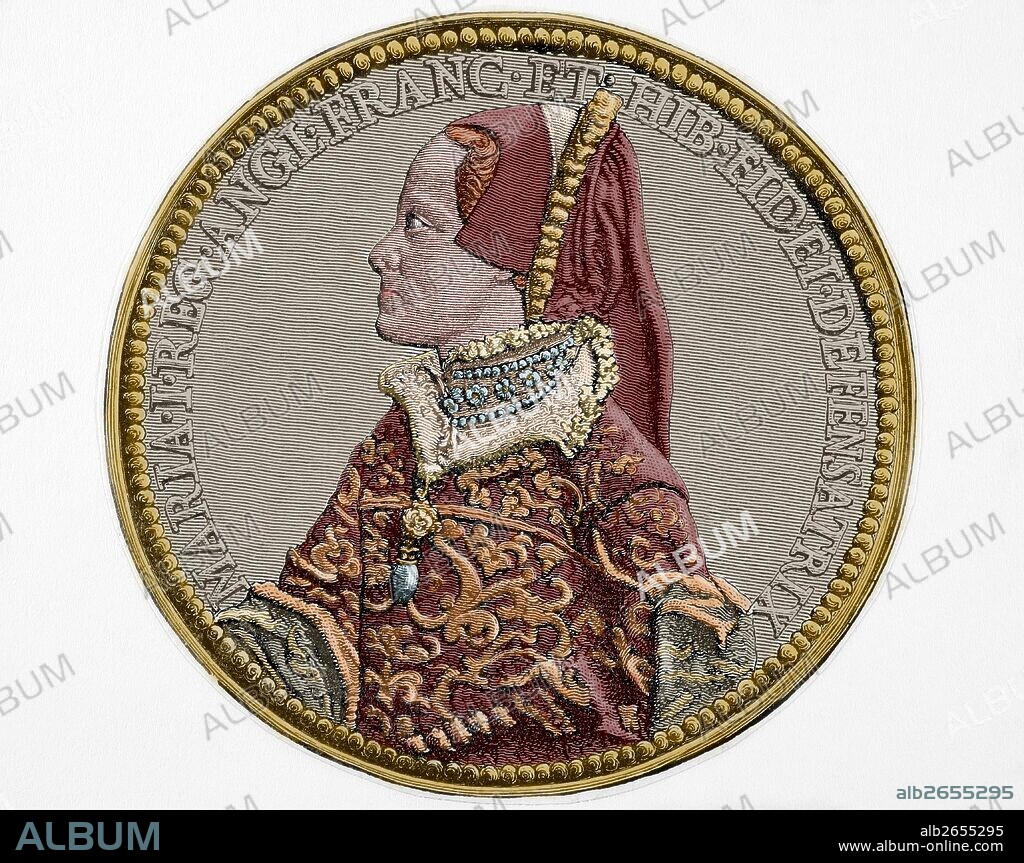 MARIA I TUDOR (Greenwich,1516-Londres,1558). Reina de Inglaterra e Irlanda (1553-1558), hija de Enrique VIII y Catalina de Aragón. Quiso restaurar el catolicismo en Inglaterra, negociando con Carlos I y casándose con el príncipe Felipe (julio de 1554). Facsímil de medalla con retrato reina. Grabado coloreado de "Historia Universal", 1883.