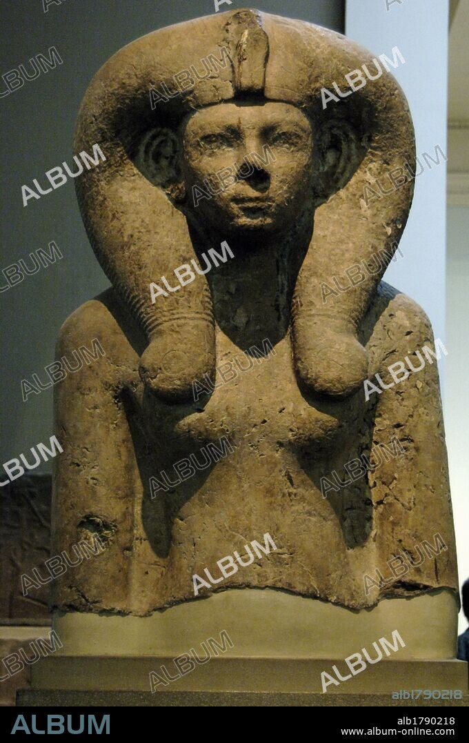 Limestone bust of Queen Ahmes-Merytamun, wife of Amenhotep I. Depicted with Hathor-wig. 1550 BC. New Kingdom. 18th Dynasty. From the temple of Karnak. Thebes. British Museum. London. United Kingdom.