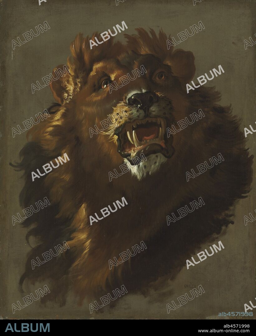 Lion, 1750s. Looking upward with eyes gleaming and mouth open, the lion conveys wild elegance. The sketch comprises short brushstrokes, and its most striking detail is the thick and plentiful mane. Undefined planes of black make up the lion's longest tresses, but closer to the face, the mane becomes increasingly light. Although the darkest parts of the mane lack precise definition, the chestnut shades of the mane host shadows and highlights that lend a sense of realism. Additionally, varied shades of brown are contrasted by the lighter, creamier shades of white at the lion's muzzle. The life-like nature of this sketch is further communicated by the bright, wet patches on the lion's nose and mouth. Likewise, a bright glimmer in the lion's right eye illustrates its vitality.  At the bottom right of the lion, a small signature attributes the painting to Oudry. Although the remainder of the painting has been left unpolished, it probably serves as a valuable study for the completed version that is one of thirteen in a series of animals by the artist.