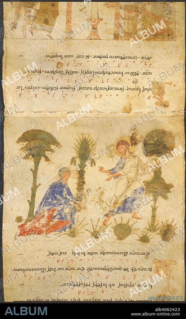 'Noli me tangere'. Exultet Roll. Italy [Abbey of Montecassino]; circa 1072. [12th drawing] 'Noli me tangere', with the Virgin and Christ. Part of the Exultet chant in Beneventan notation.This is the image as seen by the congregation when the roll was unfolded over the lectern; the text and chant, as seen by the reader facing them, appear in reverse.  Image taken from Exultet Roll.  Originally published/produced in Italy [Abbey of Montecassino]; circa 1072. . Source: Add. 30337,. Language: Latin.