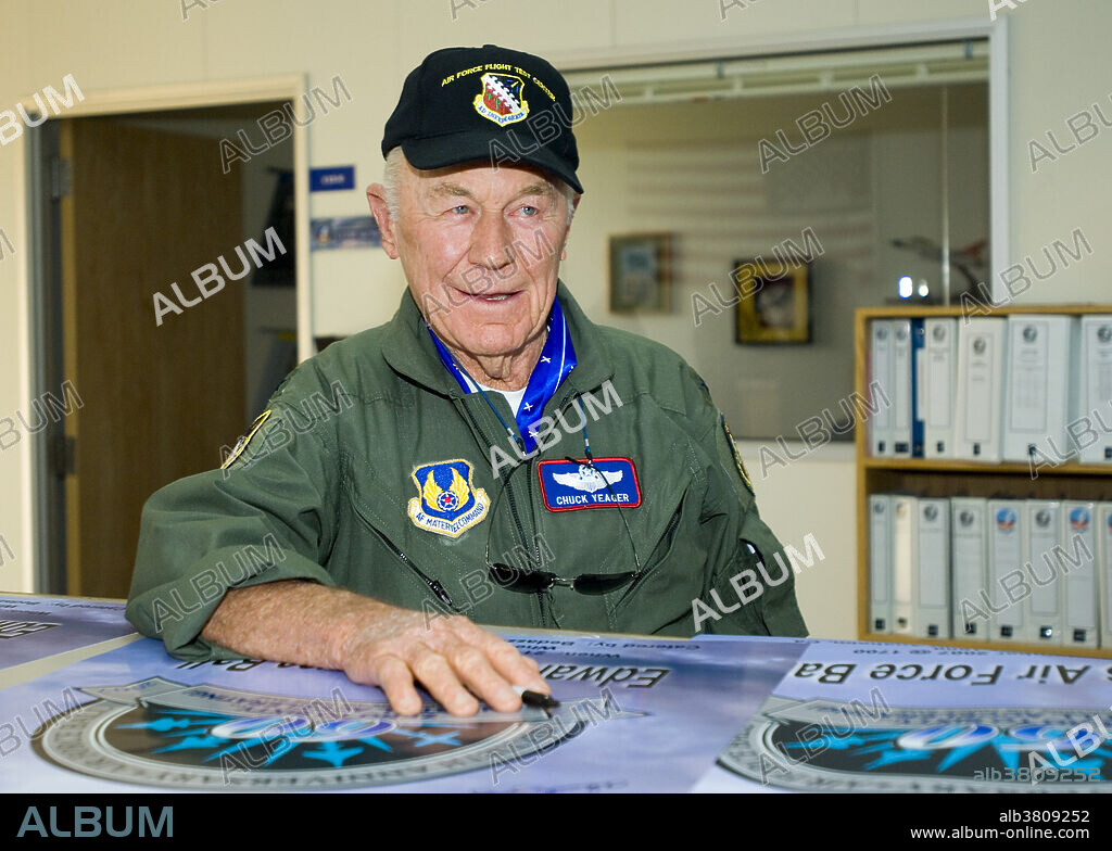 Chuck Yeager. Portrait of Charles Elwood 'Chuck' Yeager (1923-2020), the American who was the first person to fly faster than the speed of sound. On October 14, 1947 Yeager flew a Bell X-1 aircraft at a speed of 1078 kilometers per hour at an altitude of 12,800 meters - equivalent to 1.015 times the speed of sound. Yeager had begun his career as a fighter pilot during World War II, destroying 13 enemy aircraft. He spent several years flying experimental aircraft, including the X-1. He then commanded fighter and test pilot units in Europe and America, eventually rising to the rank of Brigadier-General. He marked the 60th anniversary of his historic flight at Edwards Air Force Base in 2007.