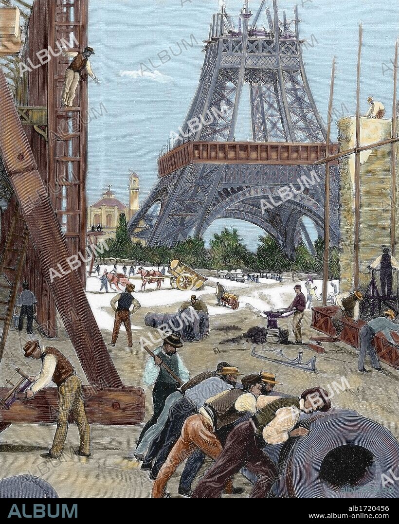 History of France. Paris. Universal Exhibition of 1889. Construction of the Eiffel Tower. Colored engraving.