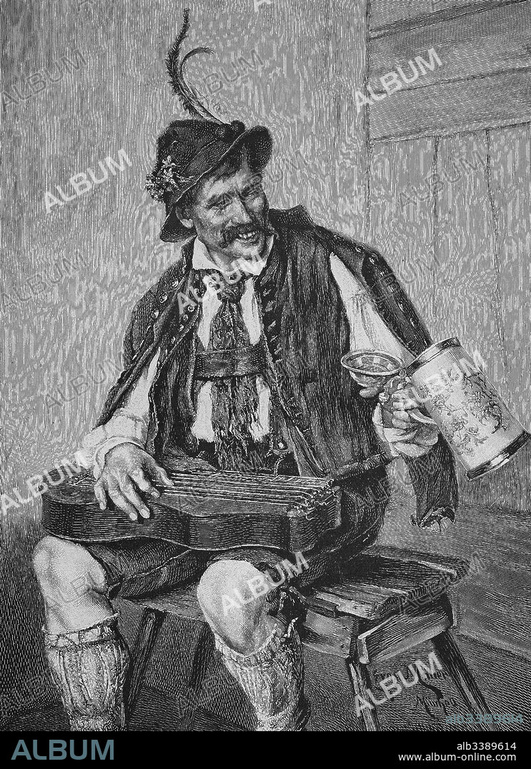 Bavarian musician with zither and MaÃŸkrug, Woodcut from 1892.