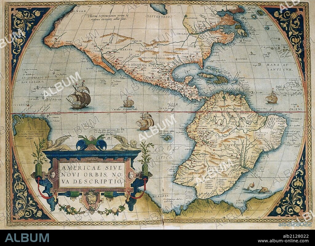 MAPA DEL CONTINENTE AMERICANO. Obra de Abraham ORTELIUS, editor del atlas "Teatrum Orbis Terrarum". Primera edición de Amberes del año 1574. Biblioteca de Cataluña. Barcelona. Cataluña.
