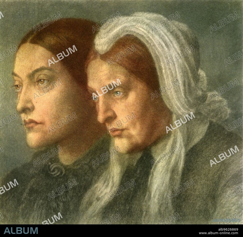 'Christina Rossetti with her Mother', 1877, (1942). Portait of English poet Christina Georgina Rossetti (1830-1894) and her mother Frances Mary Lavinia Rossetti (née Polidori, 1800-1886). Chalk drawing by Dante Gabriel Rossetti, brother of Christina and son of Frances, in the National Portrait Gallery, London. From "English Women", by Edith Sitwell. [Collins, London, 1942].