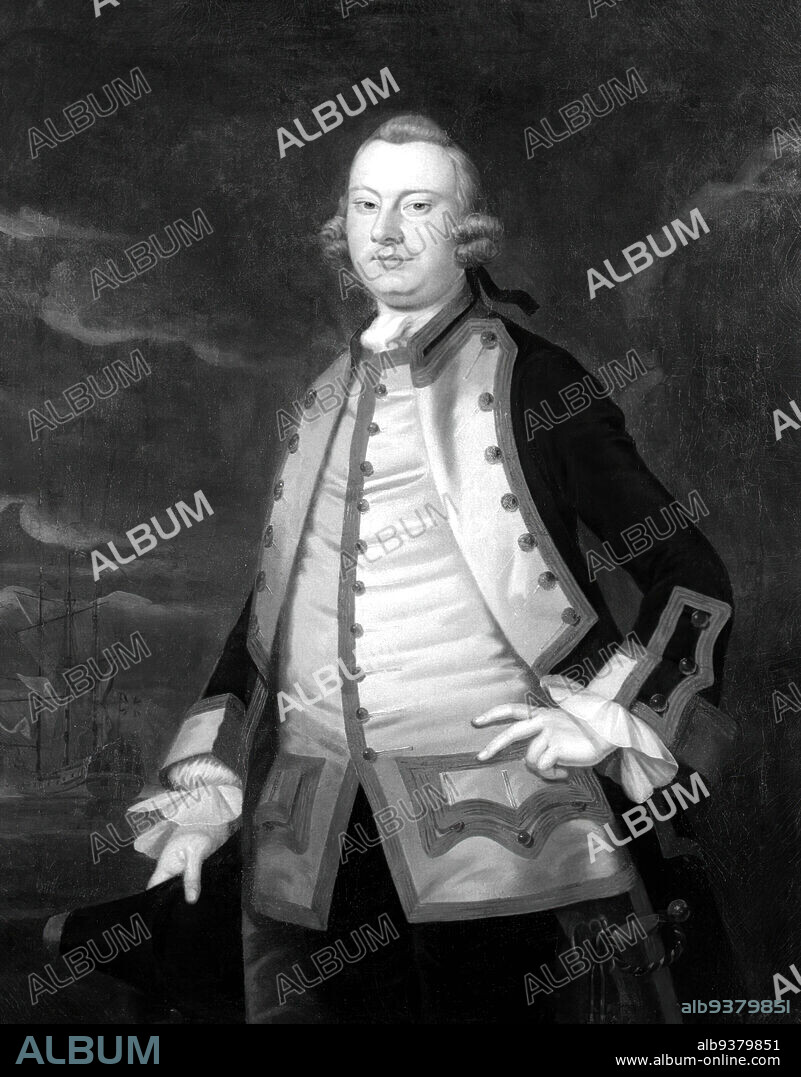 Portrait of a Man, possibly Sir Charles Hardy, John Wollaston, ca. 1710-after 1775, Oil on canvas, ca. 1758, 49 x 39 1/8 in., 124.4 x 99.3 cm, aristocrat, buttons, clouds, dec. art, fat, grey scale, man, painting, plump, pony tail, portrait, ship, smirk, suit, vest, wig.