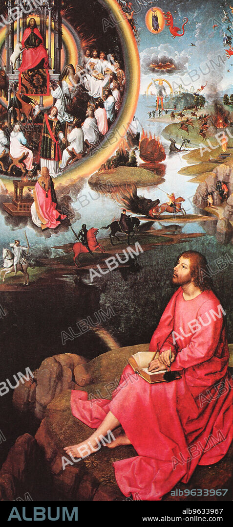Hans Memling (between 1433 and 1440 until August 11, 1494) also Jan van Mimmelynghe, Johannes Memmelinc or Memlinc, was a German painter of the Dutch school, here the painting John on Patmos, Historic, digitally restored reproduction of an original from the 19th century, exact original date not known.