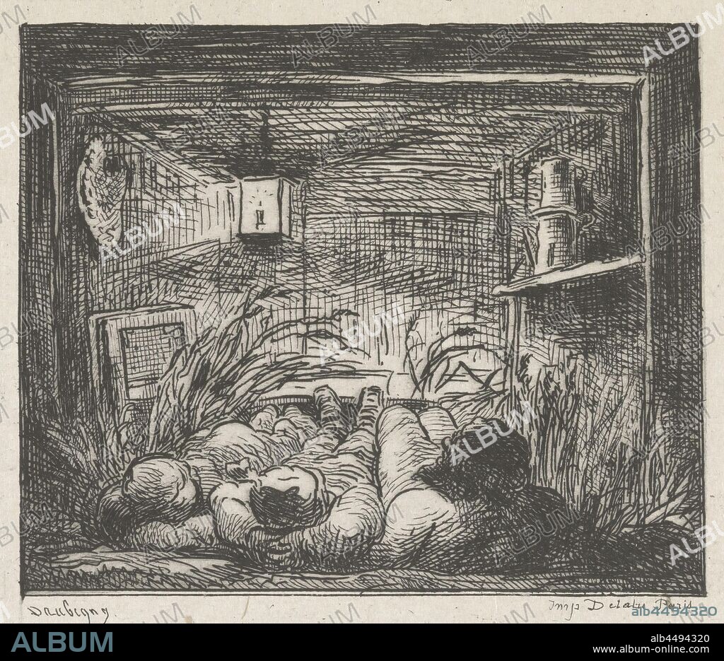 Sleeping men in a cabin Coucher à bord du Bottin Series with landscapes and events around water (series title) Voyage and bateau (series title), cabin, lodge, sleeping on the ground, lantern, Charles-François Daubigny (mentioned on object), 1867, paper, drypoint, h 133 mm × w 139 mm.