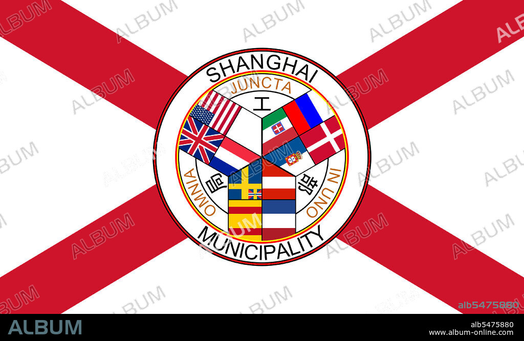 The flag of Shanghai International Settlement. The flags are: Top left: Great Britain, United States, France, Germany. Top right: Russia, Denmark, Italy, Portugal. Bottom: Norway and Sweden (upside down), Austria, Spain, Netherlands. The Latin reads: Juncta In Uno Omnia (All Joined in One), while the Chinese reads: Gong Bu Ju (Municipal Council).