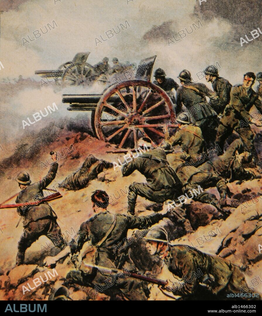 World War I (1914-1918). " THE ITALIAN ARTILLERY IN BATTLE OF PIAVE ". Fight  between the Italian and Austro-German troops in the course of the river Piave, the Italian front. Colored drawing in " La Domenica del Corriere " (1917).