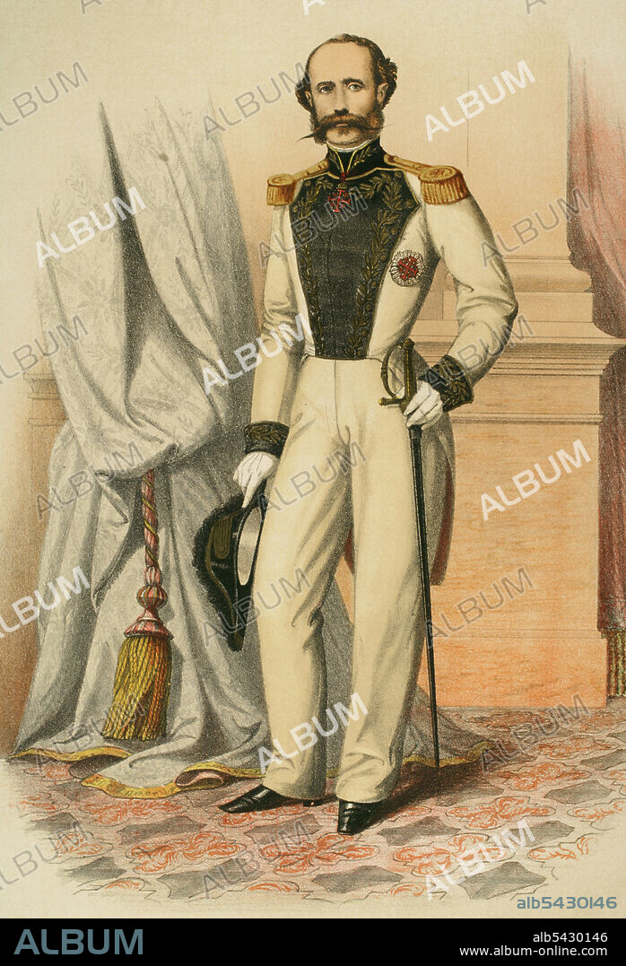Caballero del Santo Sepulcro de Jerusalén con la condecoración de la orden. Cromolitografía. Orden de caballería católica. Historia de las Ordenes de Caballería y de las Condecoraciones Españolas. Madrid, 1865.