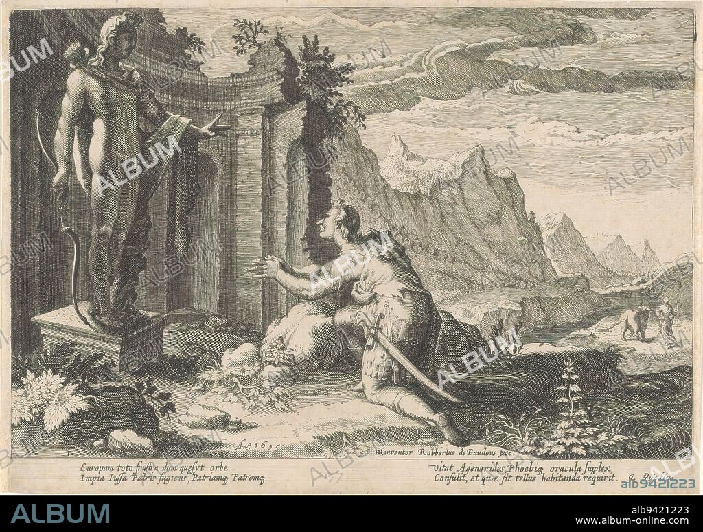 Cadmus consults the oracle of Delphi, Metamorphoses of Ovid (series title), Cadmus, like his brothers sent by his father to search for his sister Europa, visits the oracle of Delphi to ask Apollo for advice, having been unable to find her. The oracle replies that he should chase a certain cow before him and found a city on the spot where she will lie. In the foreground of the print, Cadmus kneels by the oracle; in the background, he drives the cow before him. In the lower margin a four-line explanation, in two columns, in Latin., print maker: Hendrick Goltzius, (workshop of), after design by: Hendrick Goltzius, (mentioned on object), G. Rijckius, (mentioned on object), print maker: Haarlem, after design by: Haarlem, publisher: Amsterdam, c. 1590 and/or 1615, paper, engraving, height 180 mm × width 254 mm.