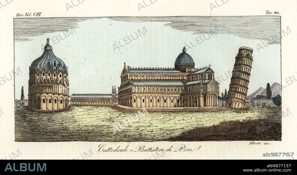 The Pisa Baptistery, Pisa Cathedral and Leaning Tower, 1800s. Some of the Campo Santo cemetery too. Romanesque architecture by the architect Federico Visconti in 1278. Buscheto. Cattedrale e Battistero di Pisa. Handcoloured copperplate engraving by Alberti from Giulio Ferrarios Costumes Ancient and Modern of the Peoples of the World, Il Costume Antico e Moderno, Florence, 1844.
