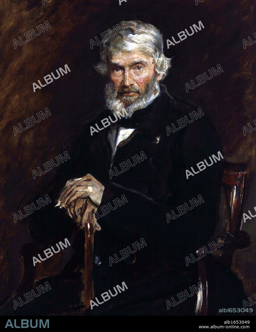 Thomas Carlyle 1877 by  John Everett Millais  (1829-1896)  English painter. Thomas Carlyle (1795-1881)  Scottish satirical writer, essayist, and historian. Three-quarter length portrait of subject seated, looking forward.
