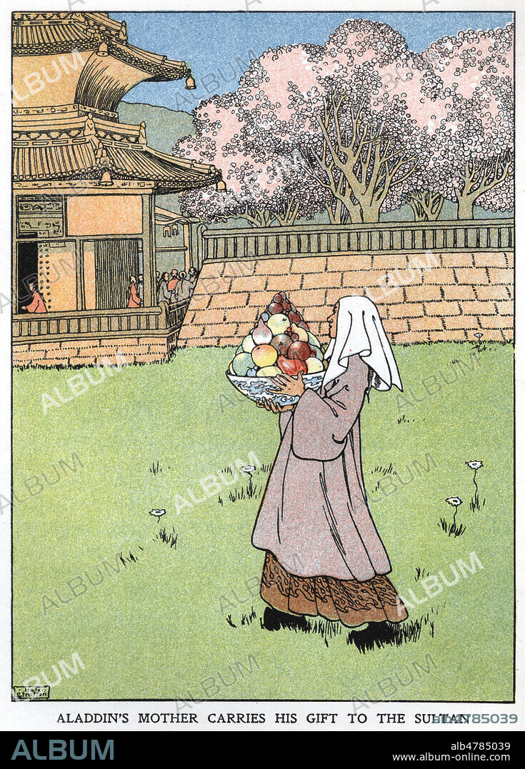 La mere d'Aladin amena ses cadeaux au sultan. Illustration de Helen STRATTON (active de 1892 a 1925) pour Aladdin et la lampe merveilleuse tire de The arabian nights. Credit : Collection Jonas/Kharbine-Tapabor.