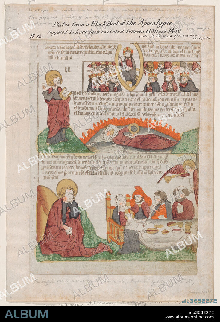 Song of Praise in Heaven over the Fall of the Whore of Babylon; The Wedding of the Lamb from an Apocalypse block book, 2nd edition. Artist: Anonymous, Netherlandish, 15th century. Dimensions: Sheet: 11 in. × 8 1/16 in. (28 × 20.5 cm). Date: 1440-1450.
