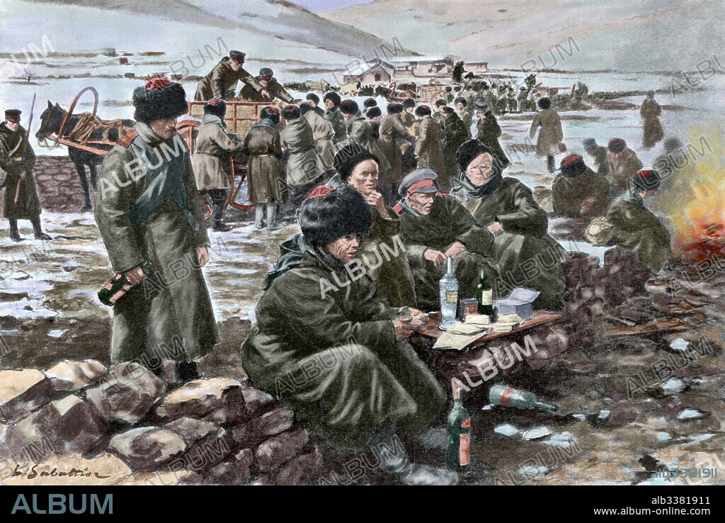GUERRA RUSO-JAPONESA (1904-1905). Japón entró en guerra con Rusia con la finalidad de asegurarse intereses capitales en Corea y sur de Manchuria. "Un episodio de la marcha de los prisioneros de Puerto-Arthur en el camino de Dalny". Dibujo de L. Sabattier. Coloreado.