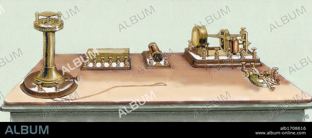 Phonoplex telegraph invented by Thomas Alva Edison (1847-1931). Engraving.