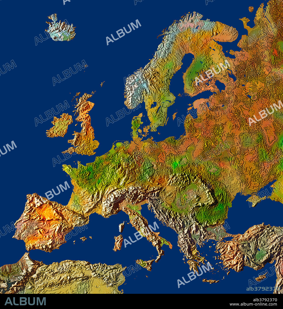 A computer generated map of Europe in relief.