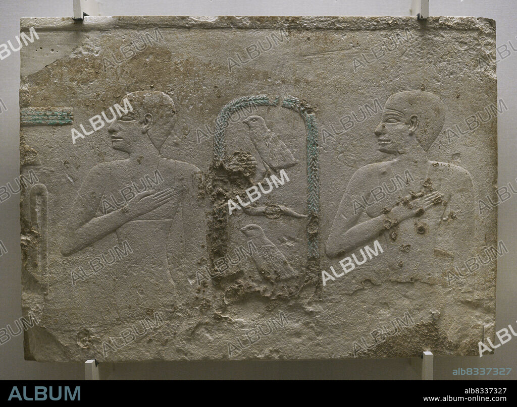 Bas-relief depicting Princess Meritites. Old Kingdom. 4th Dynasty, ca. 2500 BC. Polychrome limestone. It shows two female figures, the two daughters of Meritites and Akhtihetep, flanking a cartouche composed of two cords and bearing the name of the Pharaoh Khufu (Cheops). From the tomb of Meritites and Akhtihetep in Giza (Egypt). Calouste Gulbenkian Museum. Lisbon, Portugal.