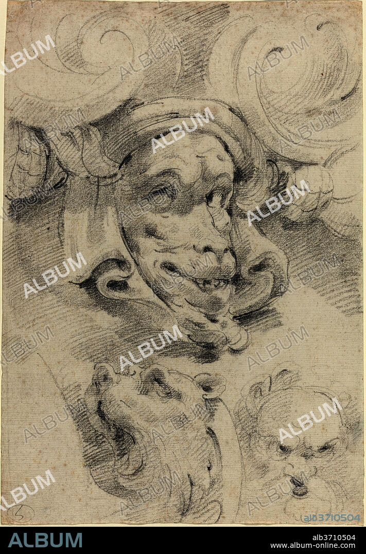 PIERRE PUGET. Ornamental Sketches with Grotesque Masks. Dimensions: overall: 29.9 x 20.8 cm (11 3/4 x 8 3/16 in.). Medium: black chalk on laid paper.