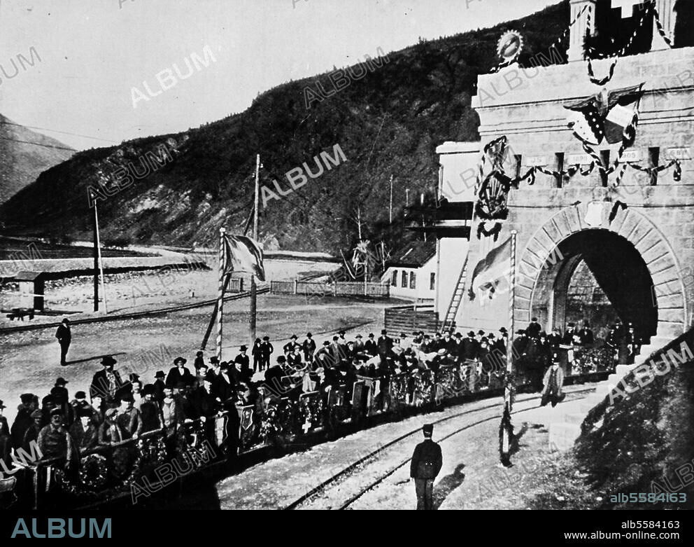 Simplon (Walliser Alpen), Simplontunnel. (Eisenbahntunnel zwischen Brig (Schweiz). und Iselle (Italien), erbaut 1898 bis. 1906). Eröffnungsfeierlichkeiten. Foto, 1906.