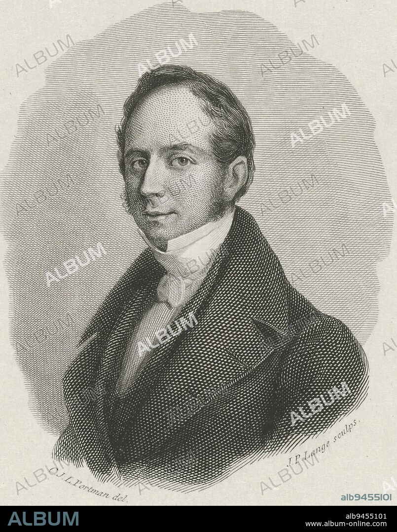 Bust of a portrait to the left of Bernhard ter Haar, poet and reformed minister in Arnhem and Amsterdam., print maker: Johannes Philippus Lange, (mentioned on object), intermediary draughtsman: Christiaan Julius Lodewijk Portman, (mentioned on object), 1841, paper, steel engraving, h 185 mm - w 138 mm.