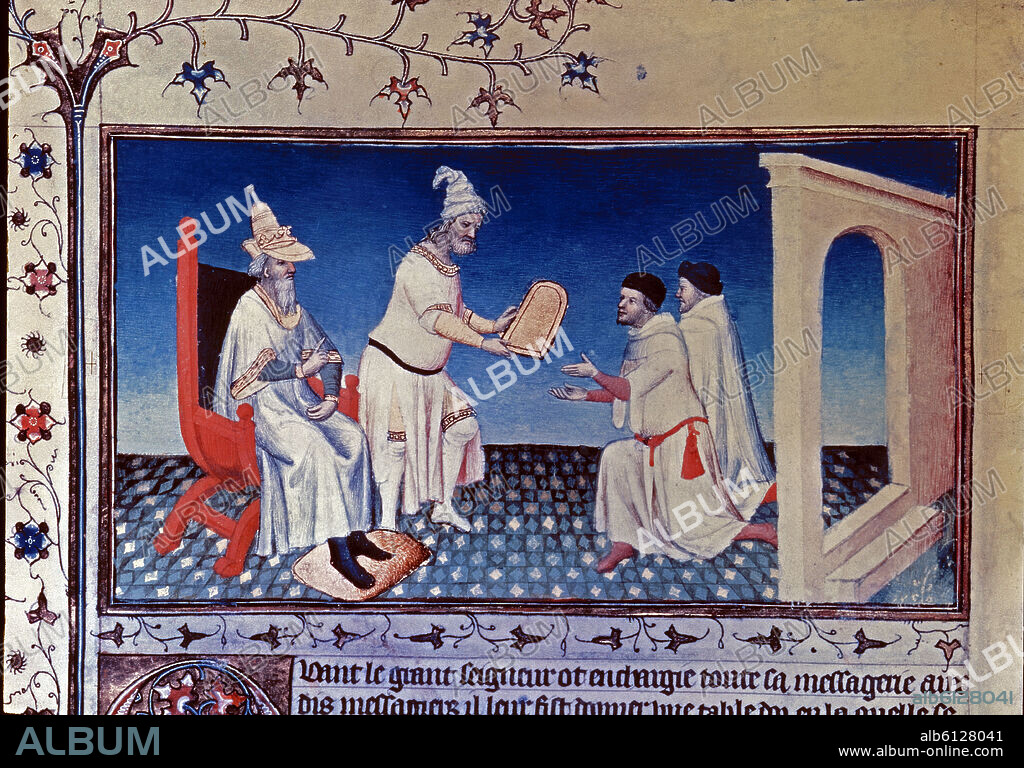 VINCENT DE BEAUVAIS. SPECULUM HISTORIALE- GUYUK KHAN Y BATOE KHAN ENTREGAN A JUAN DE PIAN CARPINO Y ESTEBAN DE BOHEMIA UNA CARTA PARA EL PAPA INOCENCIO IV EN KARACORUM, CA.