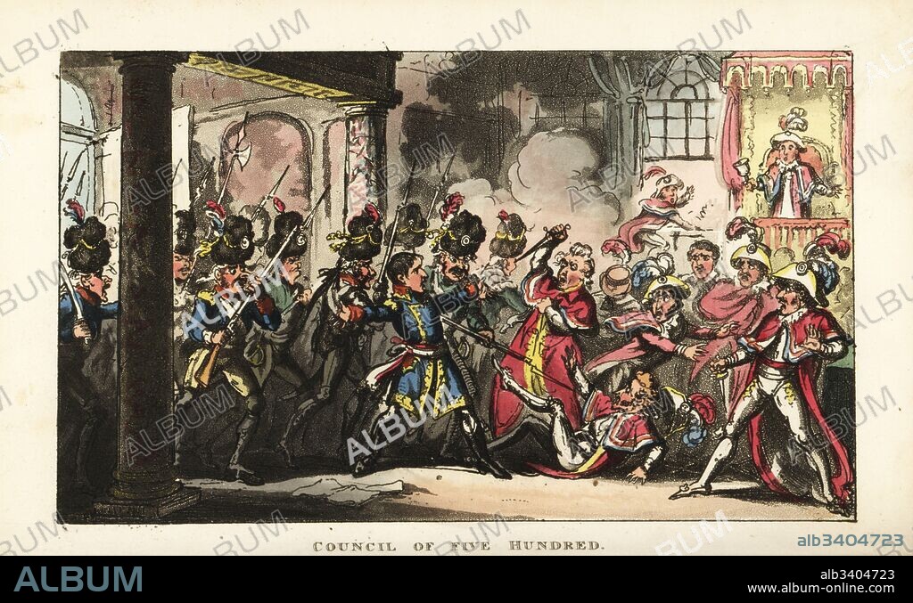 Napoleon Bonaparte leading the grenadiers into the Council of Five Hundred in the coup of 18 Brumaire. Handcoloured copperplate engraving by George Cruikshank from The Life of Napoleon a Hudibrastic Poem by Doctor Syntax, T. Tegg, London, 1815.