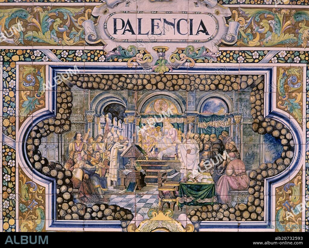 REPRESENTACION DE PALENCIA - FUNDACION DE LA UNIVERSIDAD POR ALFONSO VIII EN 1208  - MOSAICO DE LA PLAZA DE ESPAÑA DE SEVILLA - SIGLO XX.