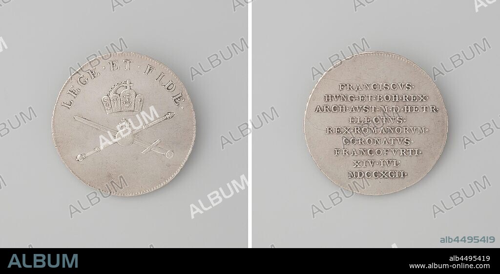 Coronation of French II as German Emperor in Frankfurt, Silver Medal. Obverse: imperial crown above central apple for crossed scepter and sword within an inscription. Reverse: inscription, Frankfurt am Main, French II (Roman-German Emperor), anonymous, 1792, silver (metal), striking (metalworking), d 2.4 cm × w 4.40 gr.