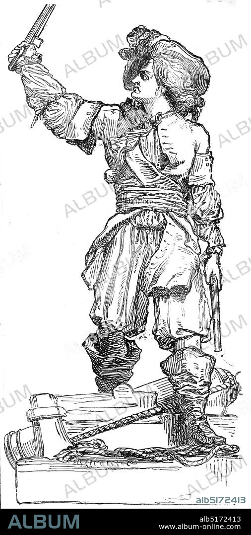 Statue of Jean Bart, at Dunkerque, 1845. Sculpture of Flemish naval commander and privateer Jean Bart at Dunkirk in northern France. 'Precisely at twelve, the veil from the Statue dropt, and discovered the hero, in the costume of the time of Louis XIV., brandishing a sword in his right hand, a pistol in his left, and wearing another in his belt. He is supposed to be engaged in boarding a ship, as this was his usual and favourite mode of carrying on the fight, and which ensured to him so much success: he succeeded in capturing and carrying into Dunkerque upwards of two hundred Dutch merchant vessels, during the war with the Dutch States. The Statue is of bronze, 16 feet high, and executed in the first style of the celebrated David (d'Angers) - the Thorwaldsen of France'. From "Illustrated London News", 1845, Vol VII.