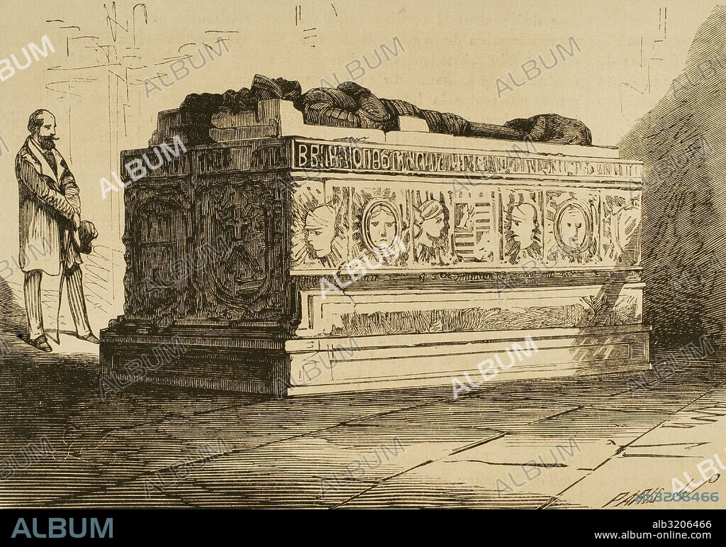Rodrigo Diaz de Vivar (c.1043-1099), known as El Cid. Castilian nobleman, military leader and diplomat. Sepulcher in the Monastery of San Pedro de Carden_a, near Burgos. Engraving by Paris. "La Ilustracion Espanola y Americana", 1872.