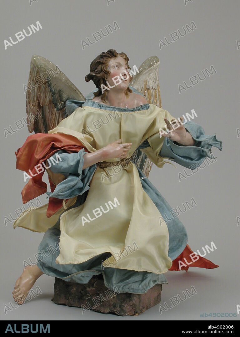 Attributed to Lorenzo Mosca, Angel, Italian, Naples, Attributed to Lorenzo Mosca (died 1789), second half 18th century, Italian, Naples, Polychromed terracotta head; wooden limbs and wings; body of wire wrapped in tow; various fabrics., H. 15 1/4 in. (38.7 cm.), Crèche.