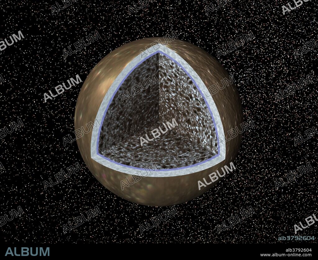 This artist's concept, a cutaway view of Jupiter's moon Callisto, is based on recent data from NASA's Galileo spacecraft which indicates a salty ocean may lie beneath Callisto's icy crust. These findings come as a surprise, since scientists previously believed that Callisto was relatively inactive. If Callisto has an ocean, that would make it more like another Jovian moon, Europa, which has yielded numerous hints of a subsurface ocean. Despite the tantalizing suggestion that there is an ocean layer on Callisto, the possibility that there is life in the ocean remains remote. Callisto's cratered surface lies at the top of an ice layer, (depicted here as a whitish band), which is estimated to be about 200 kilometers (124 miles) thick. Immediately beneath the ice, the thinner blue band represents the possible ocean, whose depth must exceed 10 kilometers (6 miles), according to scientists studying data from Galileo's magnetometer. The mottled interior is composed of rock and ice. Galileo's magnetometer, which studies magnetic fields around Jupiter and its moons, revealed that Callisto's magnetic field is variable. This may be caused by varying electrical currents flowing near Callisto's surface, in response to changes in the background magnetic field as Jupiter rotates. By studying the data, scientists have determined that the most likely place for the currents to flow would be a layer of melted ice with a high salt content.