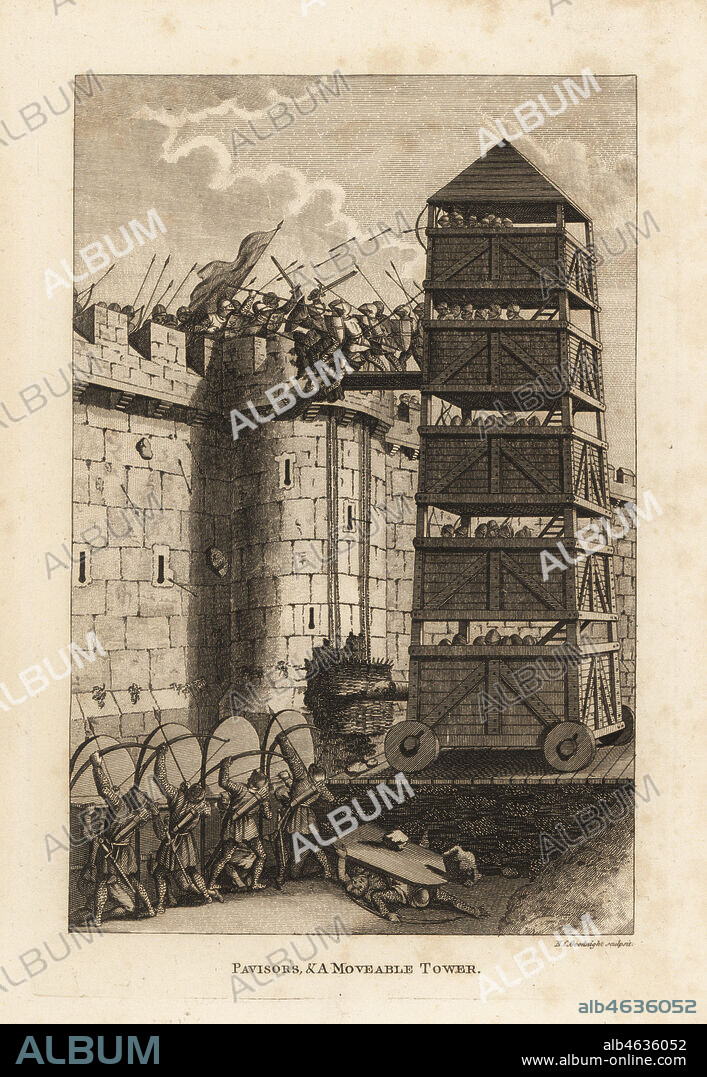 Pavisors and a moveable tower. Medieval siege warfare. Soldiers storming a parapet from a drawbridge on a moveable tower, while pavisors protect archers using large pavaises. Copperplate engraving by N.C. Goodnight from Francis Grose's Military Antiquities respecting a History of the English Army, Stockdale, London, 1812.