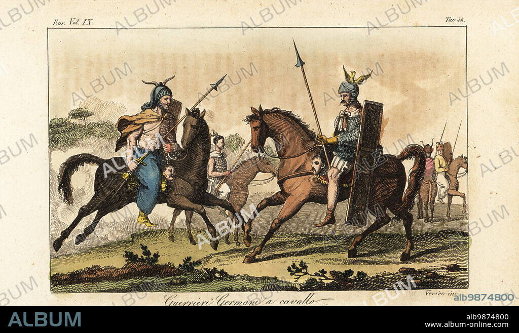 Ancient Germanic cavalry. They wear helmets, capes, pants and socks, and carry severed heads, lances and shields. From Philipp Cluvers Germania Antiqua. Guerrieri Germani a cavallo. Handcoloured copperplate engraving by Verico from Giulio Ferrarios Costumes Ancient and Modern of the Peoples of the World, Il Costume Antico e Moderno, Florence, 1837.