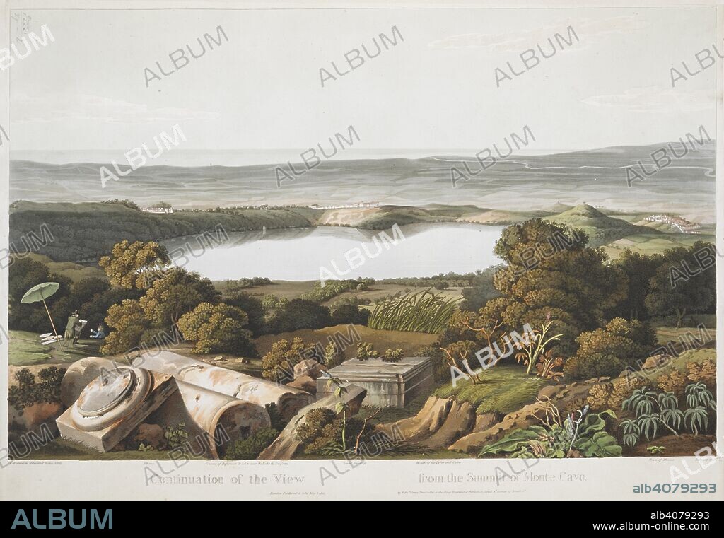 M DUBOURG. A man talks to a draughtsman at work under a parasol on Monte Cavo next to the remains of the Temple of Jupiter in the foreground, with a view of Lake Albano and the plains of the Campagna beyond. Continuation of the View from the Summit of Monte Cavo. London : Publish'd & Sold May 1. 1811 by Edw.d Orme Printseller to the King Engraver & Publisher Bond St corner of Brook St., [May 1 1811]. Hand-coloured aquatint and etching. Source: Maps K.Top.81.29.b. Language: English.