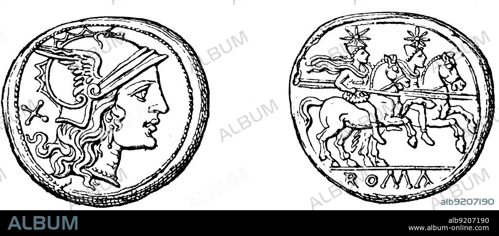 Head the goddess Roma, Castor and Pollux, Roman denarius - an illustration to articke 'Coins' of the encyclopedia publishers Education, St. Petersburg, Russian Empire, 1896.