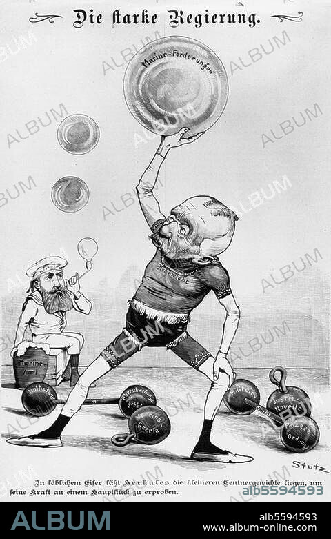 Hohenlohe-Schillingsfürst, Chlodwig Fürst zu; Reichskanzler, 1819-1901. "In löblichem Eifer läßt Herkules die kleineren Zentnergewichte liegen, um seine Kraft an einem Hauptstück zu erproben". (Karikatur auf die Flottengesetzvorlage im Reichstag mit Staatssekretär Alfred von Tirpitz). Holzstich, 1897.