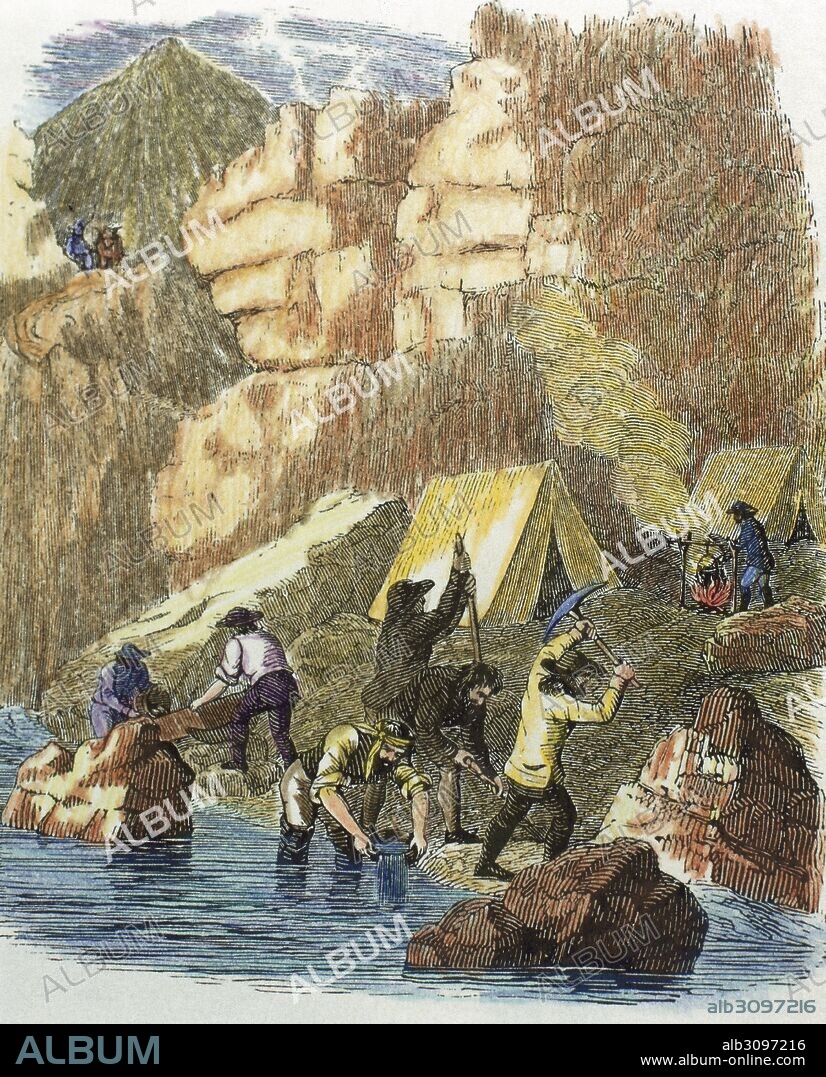 The United States. 19th century. Gold Rush in the California State. Prospectors looking for gold nuggets on the shores of the Californian rivers. Engraving in "Historical Collections of the Great West", 1851. Colored.