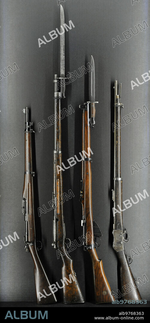 From left to right: Springfield rifle M1903 (USA); Arisaka rifle type 38 with bayonet (Japan); Lee-Enfield rifle Nr.1 Mk I (S.M.L.E.) with bayonet (Great Britain) and Peabody-Martini rifle M1869 (Ottoman Empire). Latvian War Museum. Riga. Latvia.