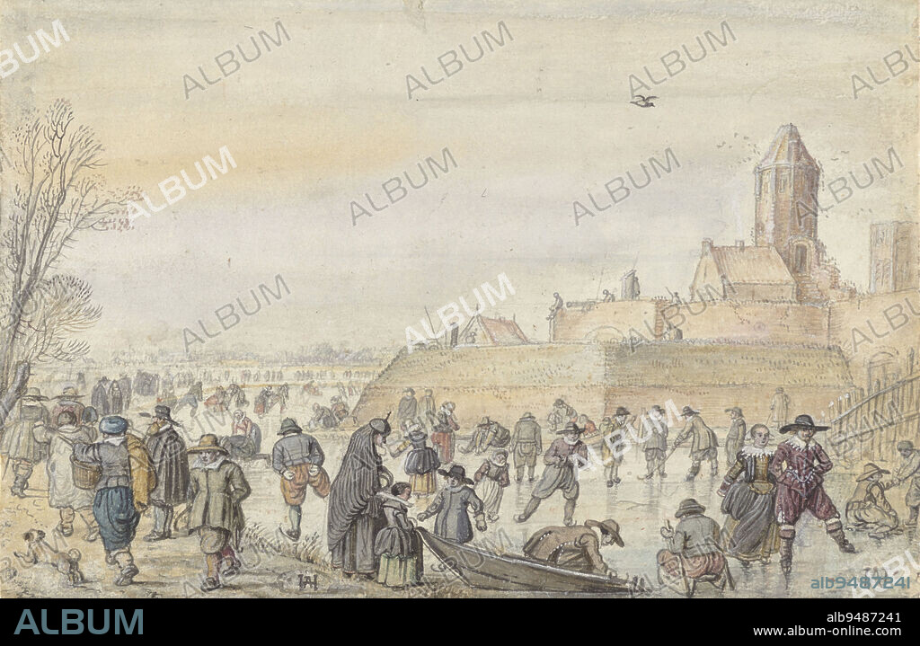 Winter Scene on the Frozen Canal near the Kalverhekkenpoort, Kampen / verso: Sketches of Figures on the Ice, Hendrick Avercamp, before 1607, draughtsman: Hendrick Avercamp, Kampen, before 1607, paper, pen, brush, h 133 mm × w 203 mm.