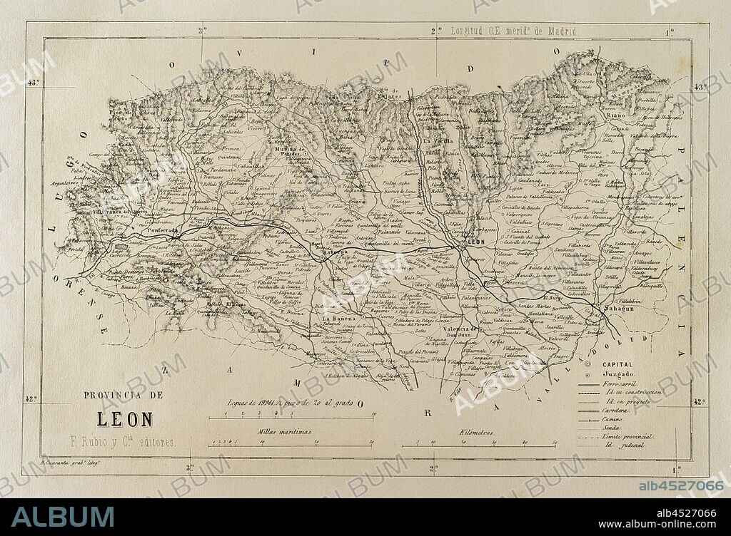 Mapa de la Provincia de León. España. Crónica General de España, Historia Ilustrada y Descriptiva de sus Provincias. Tomo Asturias y León. 1867. Biblioteca Histórico Militar de Barcelona, Cataluña, España.